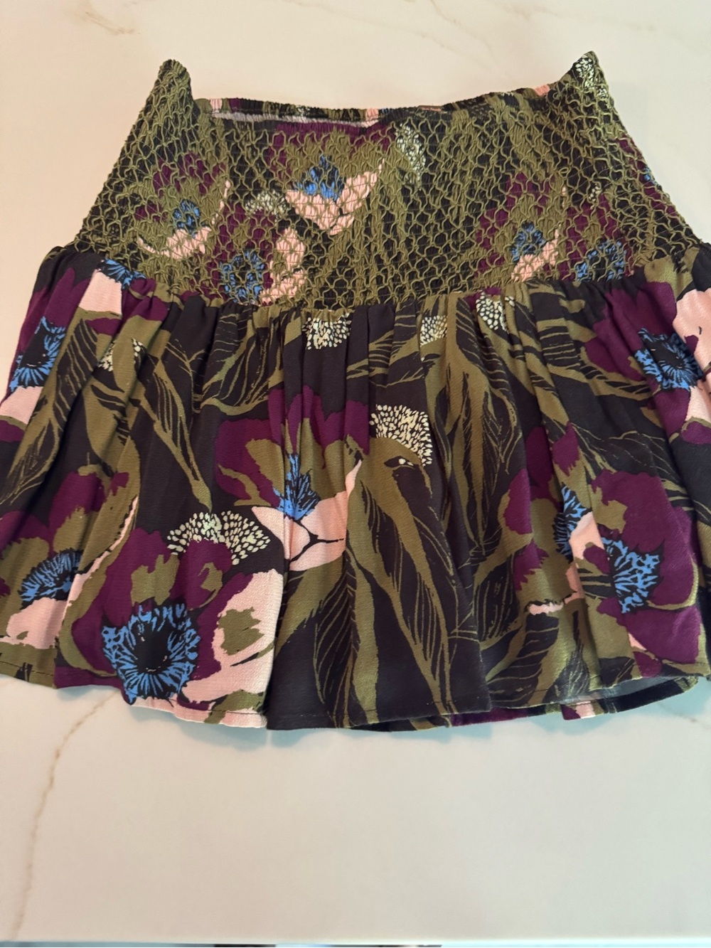 Free People Olive Green Floral Smocked Waist Mini Skirt xs